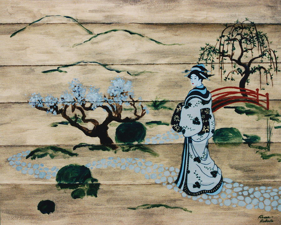 Japanese Kimonos Painting - The Red Bridge by Eve Riser Roberts