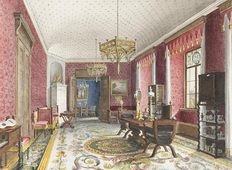 The Red Room, Schloss Fischbach Drawing by Friedrich Wilhelm Klose
