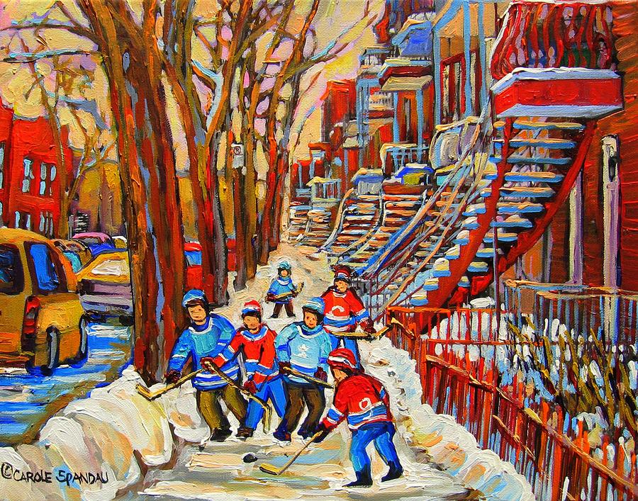 Hockey Painting - The Red Staircase Painting By Montreal Streetscene Artist Carole Spandau by Carole Spandau