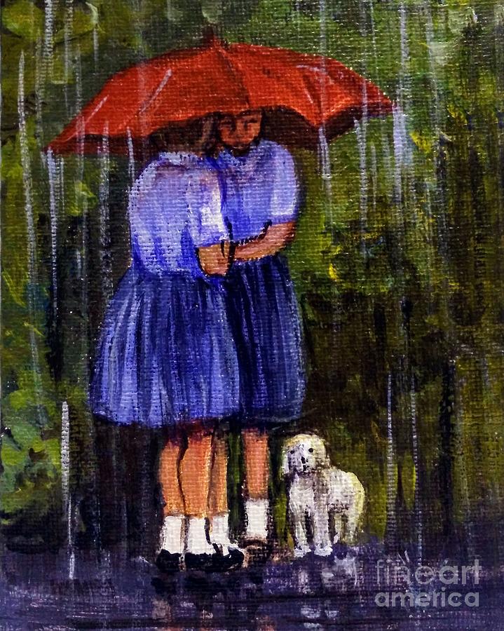 The red umbrella and three friends Painting by Asha Sudhaker Shenoy