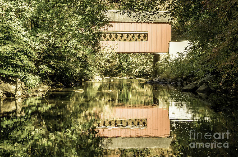 The Reflections of Wooddale Covered Bridge Aged Rustic Landscape Photograph Photograph by PIPA Fine Art - Simply Solid