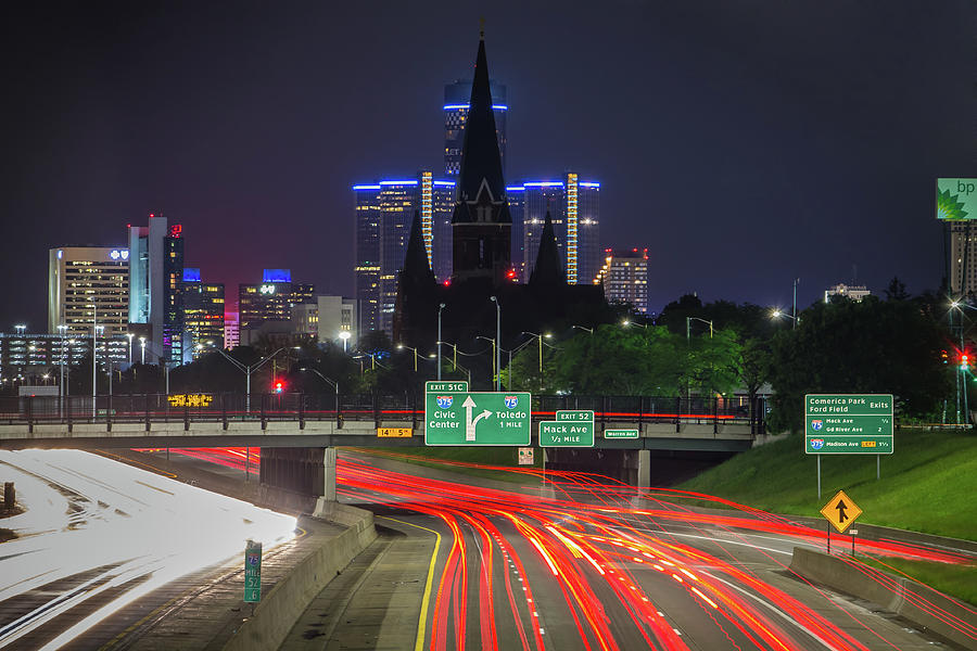 The Renaissance Center and St. Josephat at night... Photograph by Jay Smith