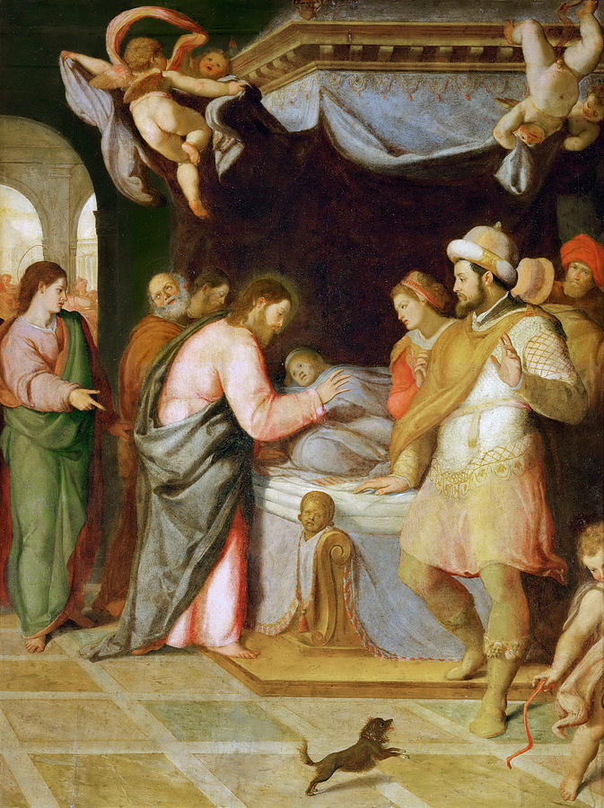 The resurrection of the daughter of Jairus Painting by Attributed to Santi di Tito