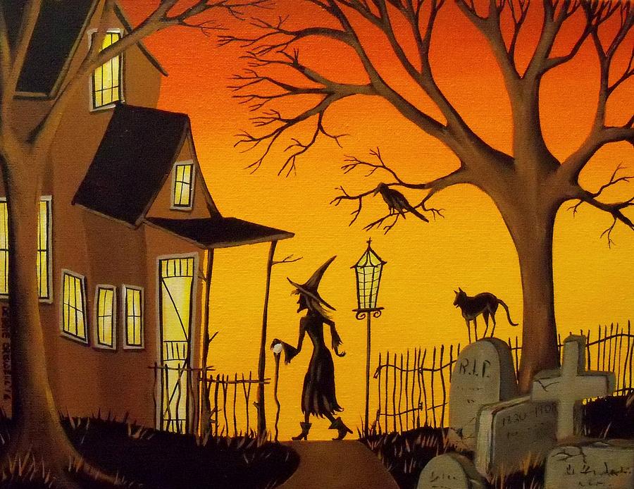 The Return - witch Halloween cat landscape Painting by Debbie Criswell