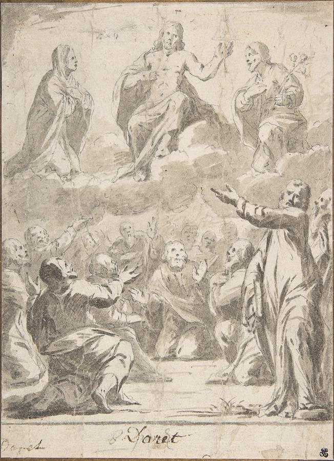 The Risen Christ between the Virgin and St. Joseph Appearing to St. Peter and other Apostles Drawing by Jean Daret