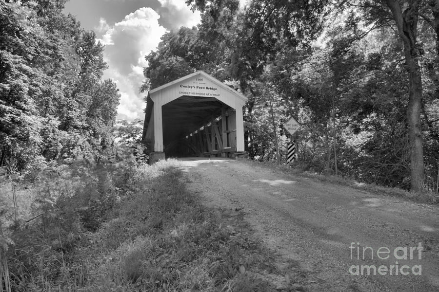 The Road To Conleys Ford Covered Bridge Black And White Photograph by Adam Jewell