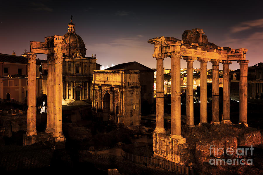 The Roman Forum, Italian Foro Romano in Rome, Italy at night Photograph by Michal Bednarek