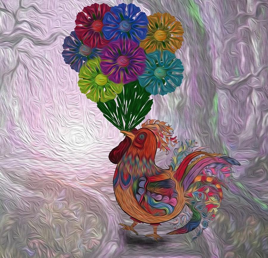 The rooster brings flowers 2 Digital Art by Megan Walsh