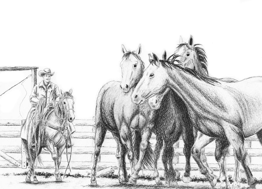 Horse Drawing - The Round Up by Blake Wesley
