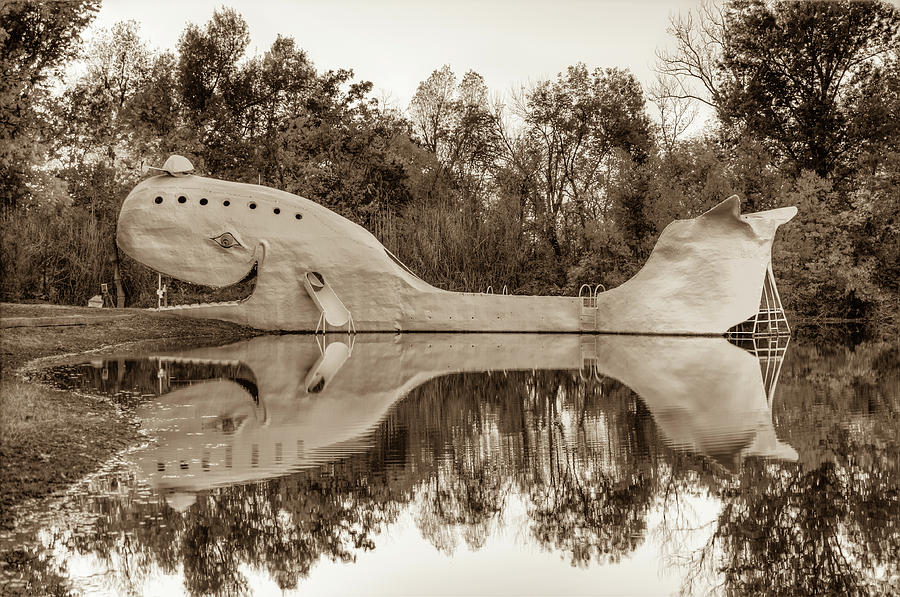 Black And White Photograph - The Route 66 Blue Whale - Catoosa Oklahoma - Sepia Edition by Gregory Ballos