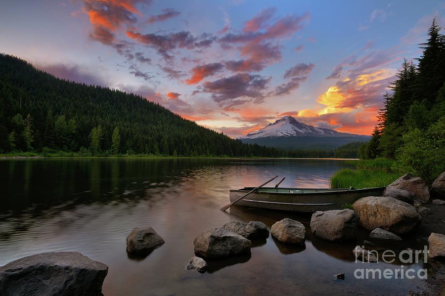 Mount Hood and Rowboat at Trillium Lake at Sunset Photograph by Tom Schwabel