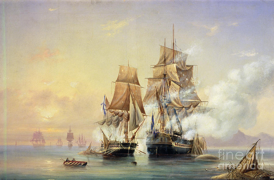 Boat Painting - The Russian Cutter Mercury captures the Swedish frigate Venus on 21st May 1789 by Aleksei Petrovich Bogolyubov