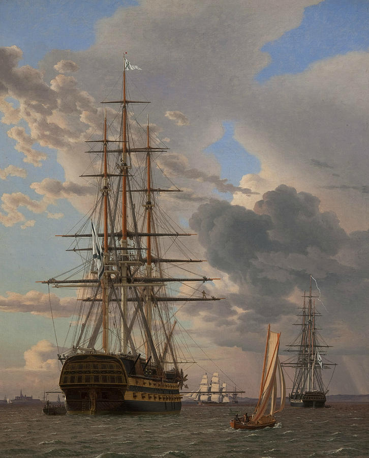 The Russian Ship of the Line Asow and a Frigate at Anchor in the Roads of Elsinore Painting by Christoffer Wilhelm Eckersberg