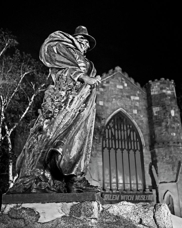 The Salem Witch Museum Statue Halloween Weekend Salem MA Black and White Photograph by Toby McGuire