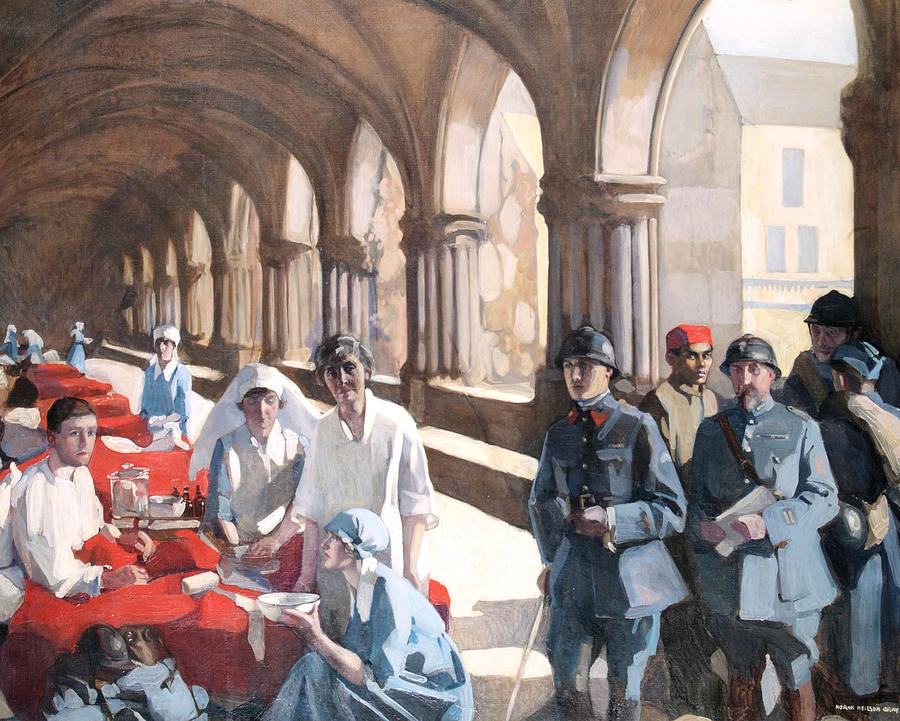 The Scottish Womens Hospital - In The Cloister of the Abbaye at Royaumont. Painting by Norah Neilson Gray