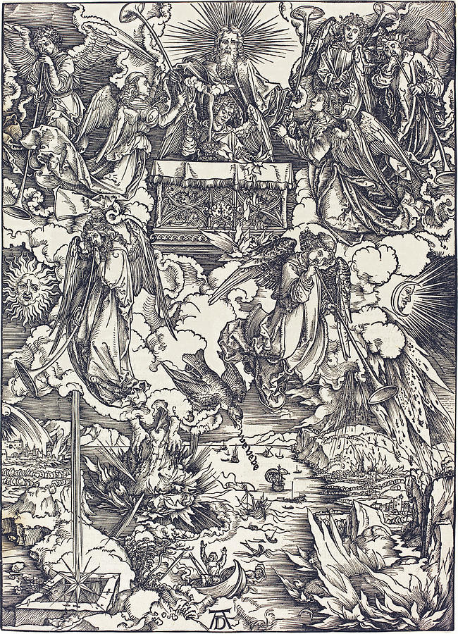 The Seven Angels with the Trumpets Drawing by Albrecht Durer