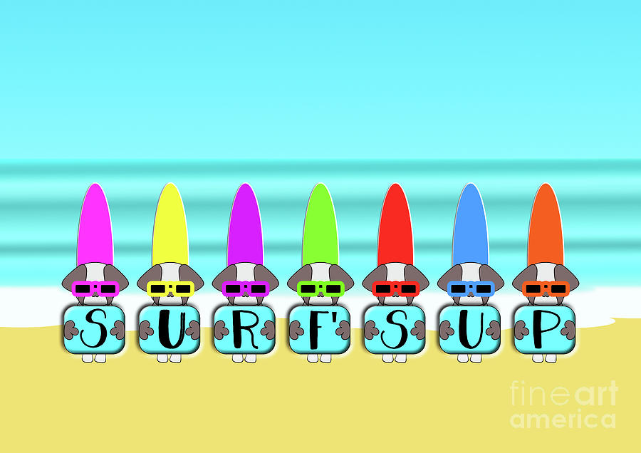 Shih Tzu Surf Dogs Text Surfs Up  Digital Art by Barefoot Bodeez Art