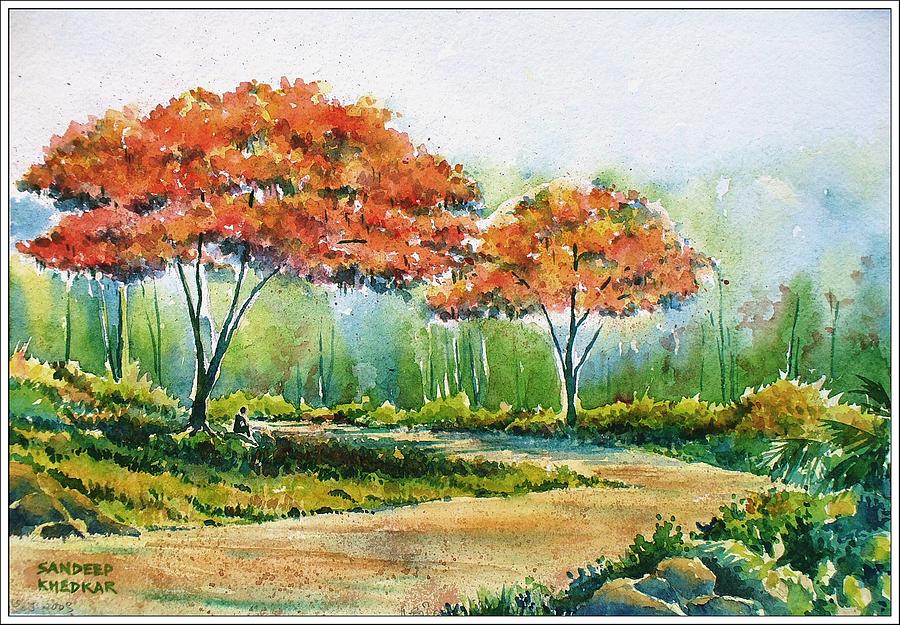 The Shade of the Gulmohur Trees Painting by Sandeep Khedkar - Pixels