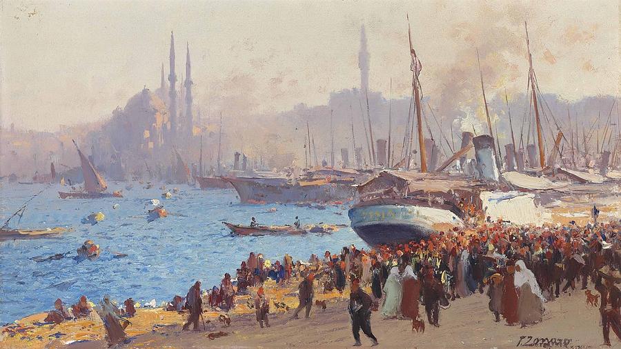 The shore at Galata Painting by Fausto Zonaro - Fine Art America
