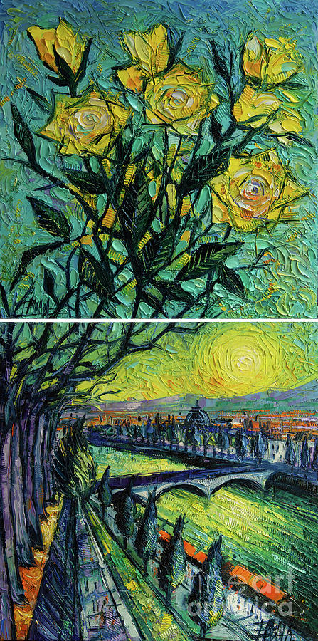 THE SKY OF YELLOW ROSES - diptych oil painting Painting by Mona Edulesco