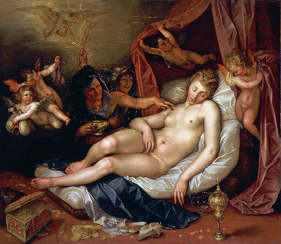 Hendrik Goltzius Painting - The Sleeping Danae Being Prepared to Receive Jupiter by Hendrik Goltzius