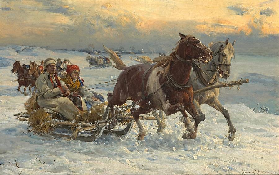 The sleigh ride by Alfred Wierusz-Kowalski 1849-1915 Painting by Alfred ...