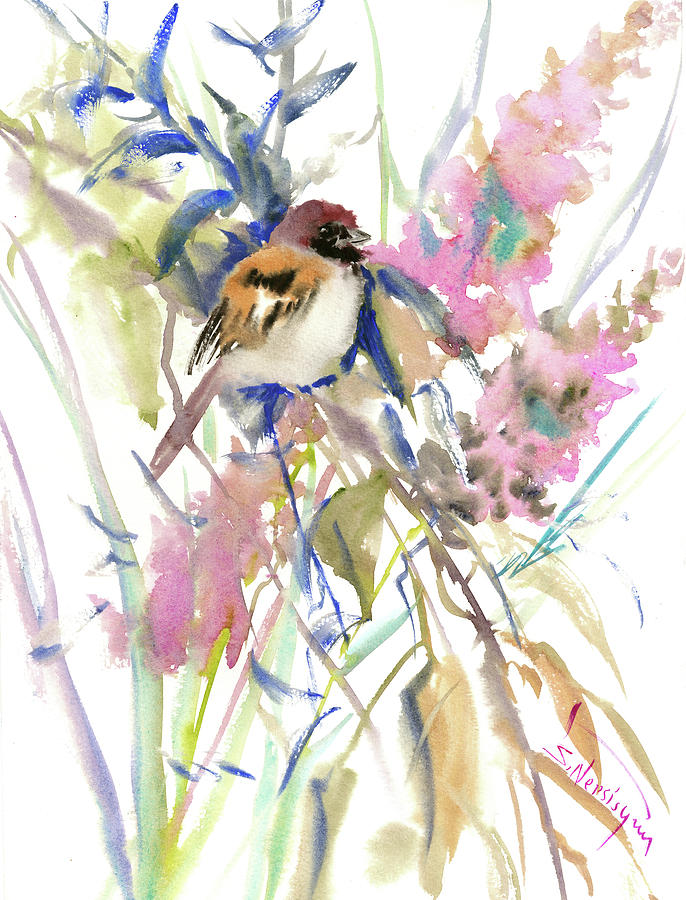Sparrow Painting - The Sparrow In the Garden by Suren Nersisyan