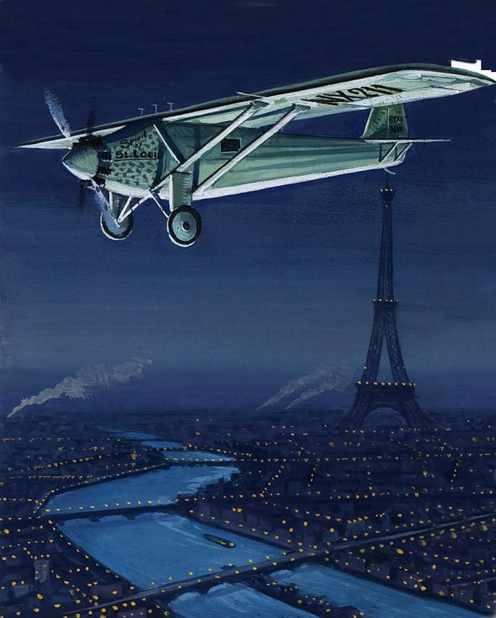 The Spirit of St Louis Flying over Paris Painting by English School