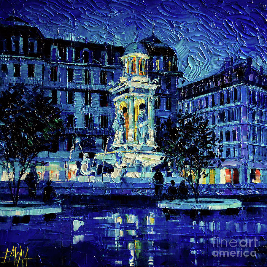 THE SQUARE OF JACOBINS ILLUMINATED - Lyon France - modern impressionist palette knife painting Painting by Mona Edulesco