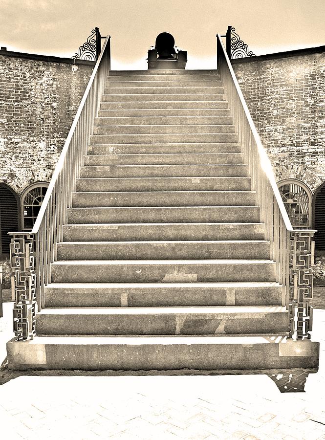 The Stairs At Fort Macon North Carolina Black And White Photograph by Lisa Wooten