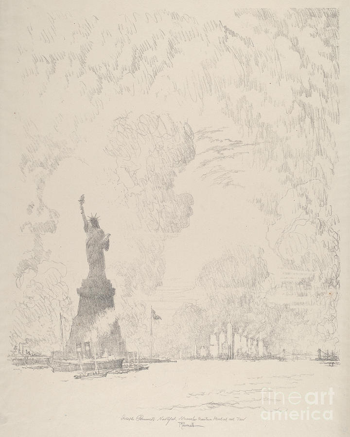 Joseph Pennell Drawing - The Statue, New York Bay by Joseph Pennell
