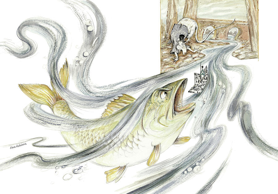 Jaws Painting - The Steadfast Tin Soldier - In Paper Boat, Pursued by Angry Rat, Hungry Fish - Illustration by Elena Abdulaeva