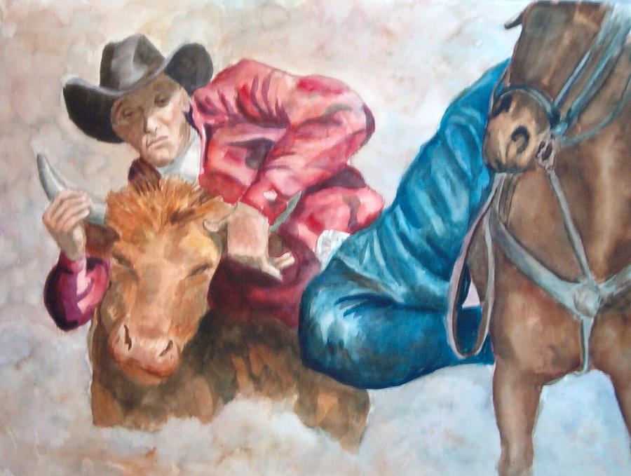 The Steer Wrestler Painting by Charme Curtin