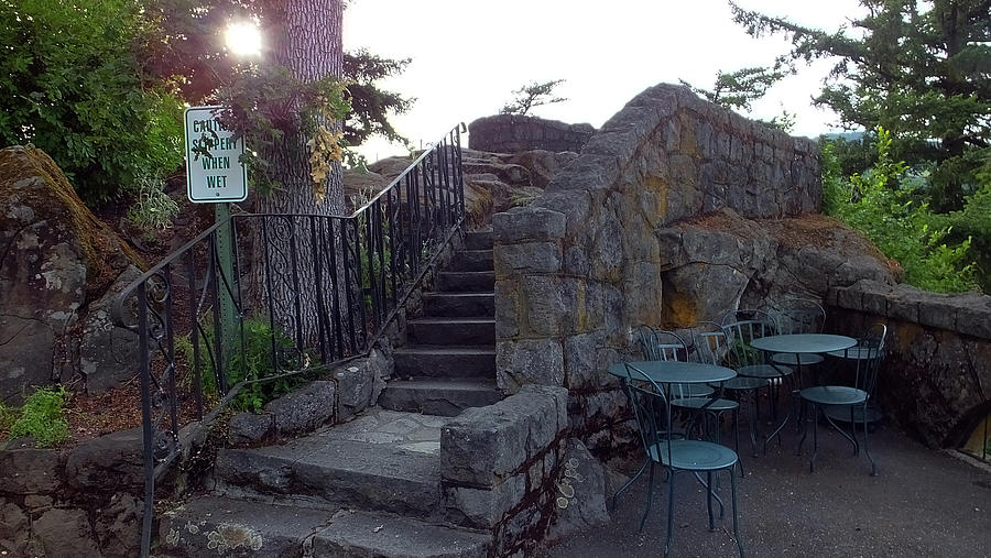 The Stone Patio at the Columbia Gorge Hotel Photograph by Judy Wanamaker