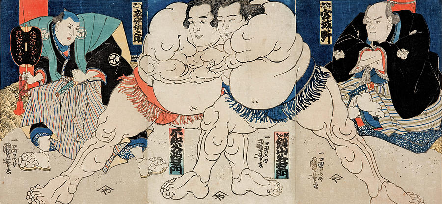 The Sumo Wrestlers Drawing by Utagawa Kuniyoshi