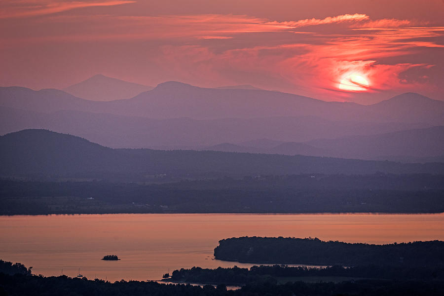 The sun goes down over Lake Champlain and the Adirondacks from Mount Philo Charlotte Vermont Photograph by Toby McGuire