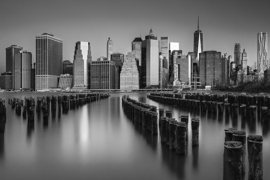 The Sun Rises At The New York City Skyline BW Photograph by Susan Candelario
