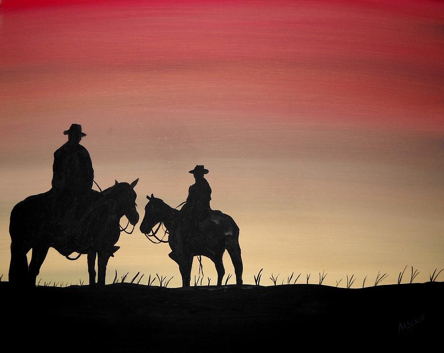 Sunset Painting - The Sunset Cowboy by Edwin Alverio