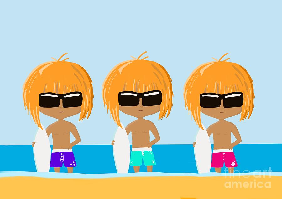 Surfing Triplets Cool Dude Surfers with Surfboards on the Beach Digital Art by Barefoot Bodeez Art