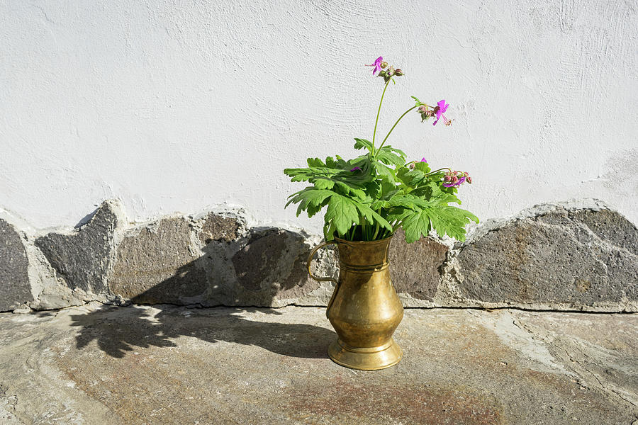 The Sweet Scent of Summer - Fragrant Cranesbill Flowers in Antique Bronze Vase Photograph by Georgia Mizuleva