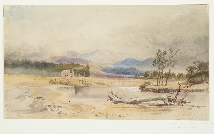 The Tararua Mountains and the Waipoua River, November 1868, by Nicholas Chevalier. Painting by Celestial Images