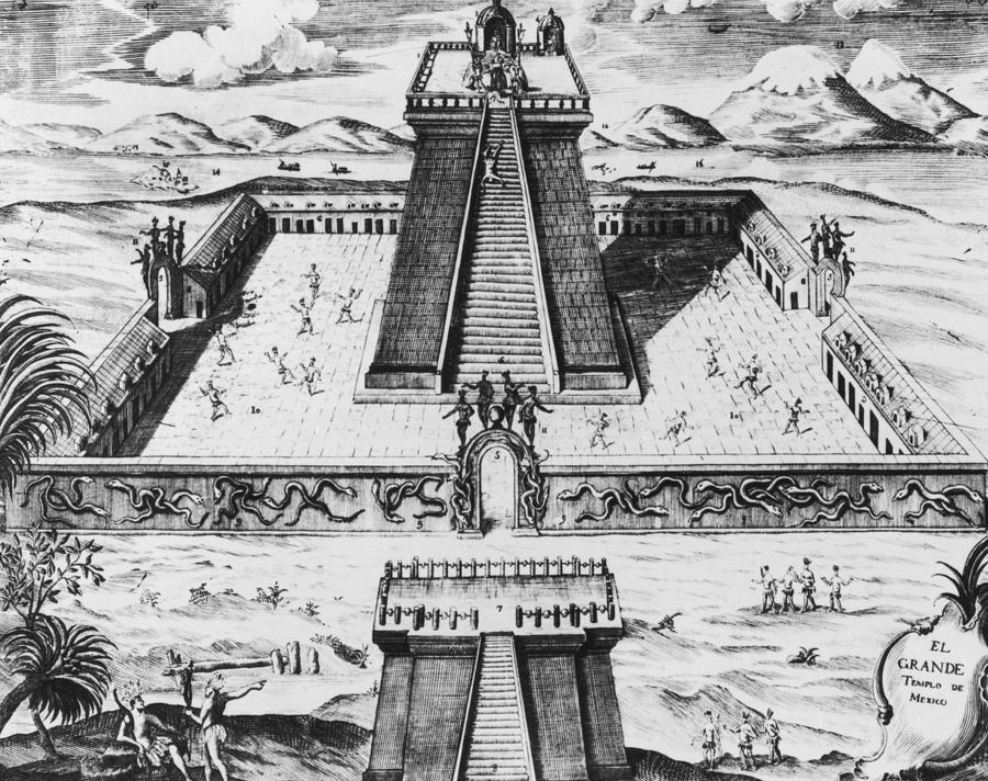 Black And White Drawing - The Templo Mayor at Tenochtitlan by Mexican School