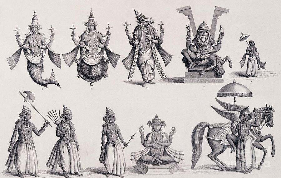 The Ten Avatars or Incarnations of Vishnu Drawing by English School