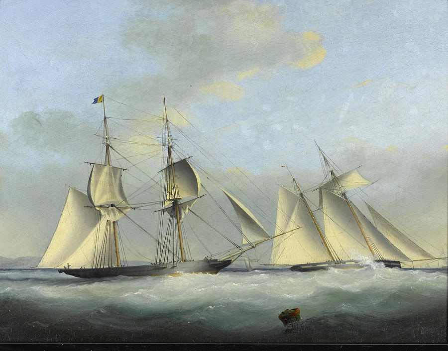 The Thousand Guinea Match between Henry Bradleys Brig the Water Witch and Lord Belfasts Schooner Gal Painting by Nicholas Condy