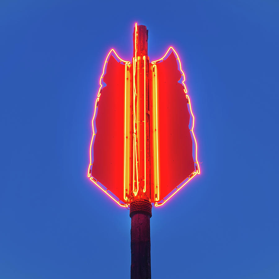The Three Feathers Neon Arrow - Bentonville Arts District - Square Format Photograph