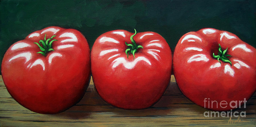 The Three Tomatoes - realistic still life food art Painting by Linda Apple