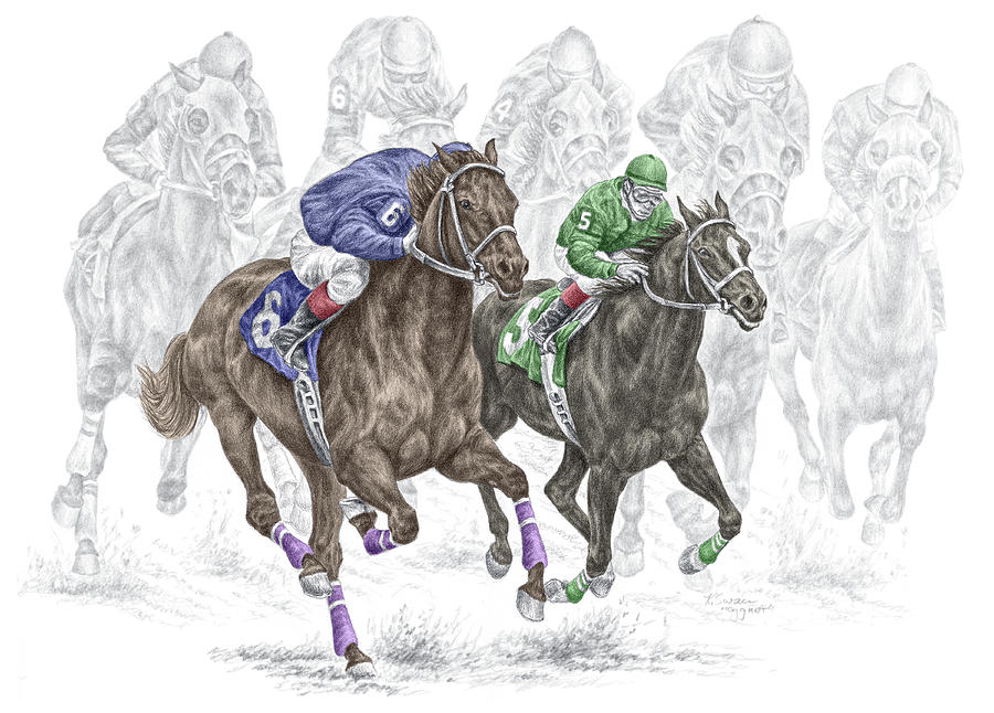 The Thunder of Hooves - Horse Racing Print Color Drawing by Kelli Swan