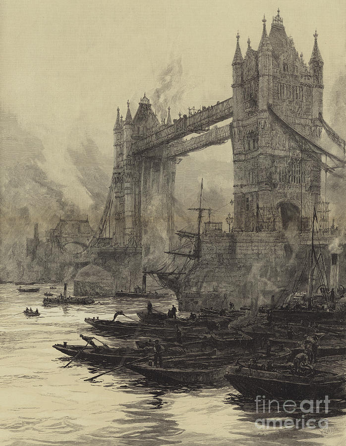 Sherlock Holmes Drawing - The Tower Bridge, with the drawbridges raised for the passage of large ships by William Lionel Wyllie
