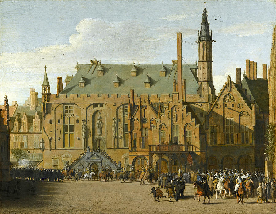 The Town Hall at Haarlem with the entry of Prince Maurits to replace the Governers in 1618 Painting by Pieter Jansz Saenredam