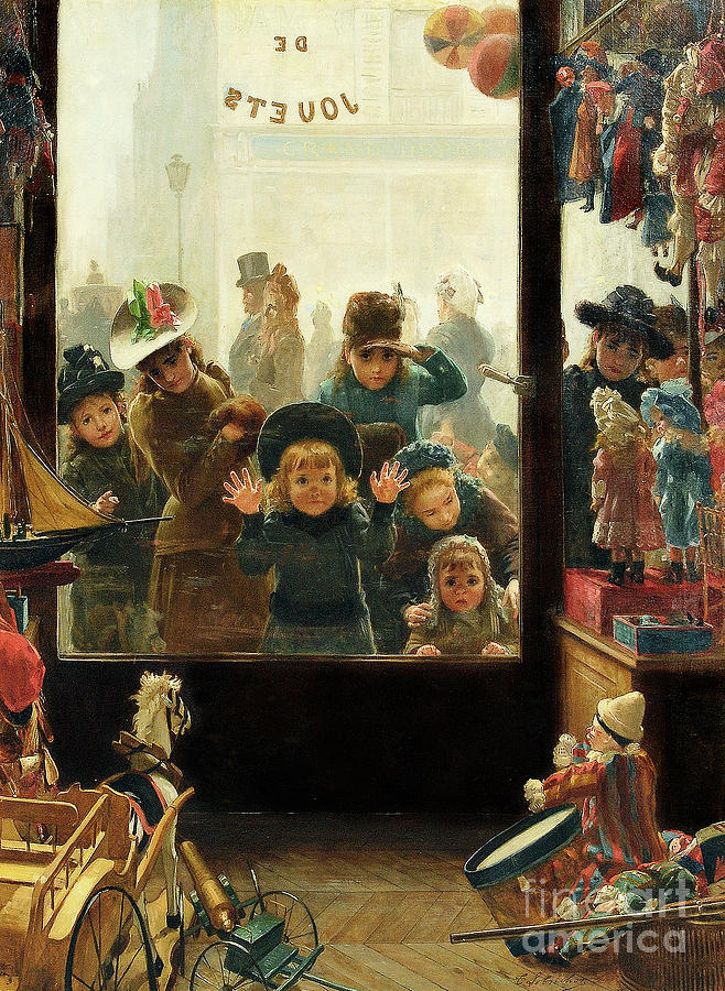 Holiday Painting - The Toyshop Window by Timoleon Marie Lobrichon